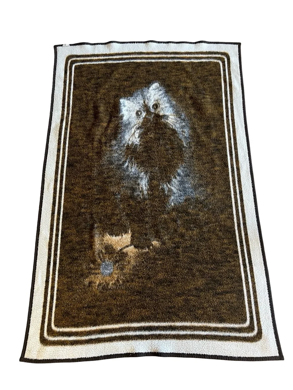 VTG BIEDERLACK Boho Cozy Cat Kitten Fleece Plush Throw Blanket 74x48 Brown Cream